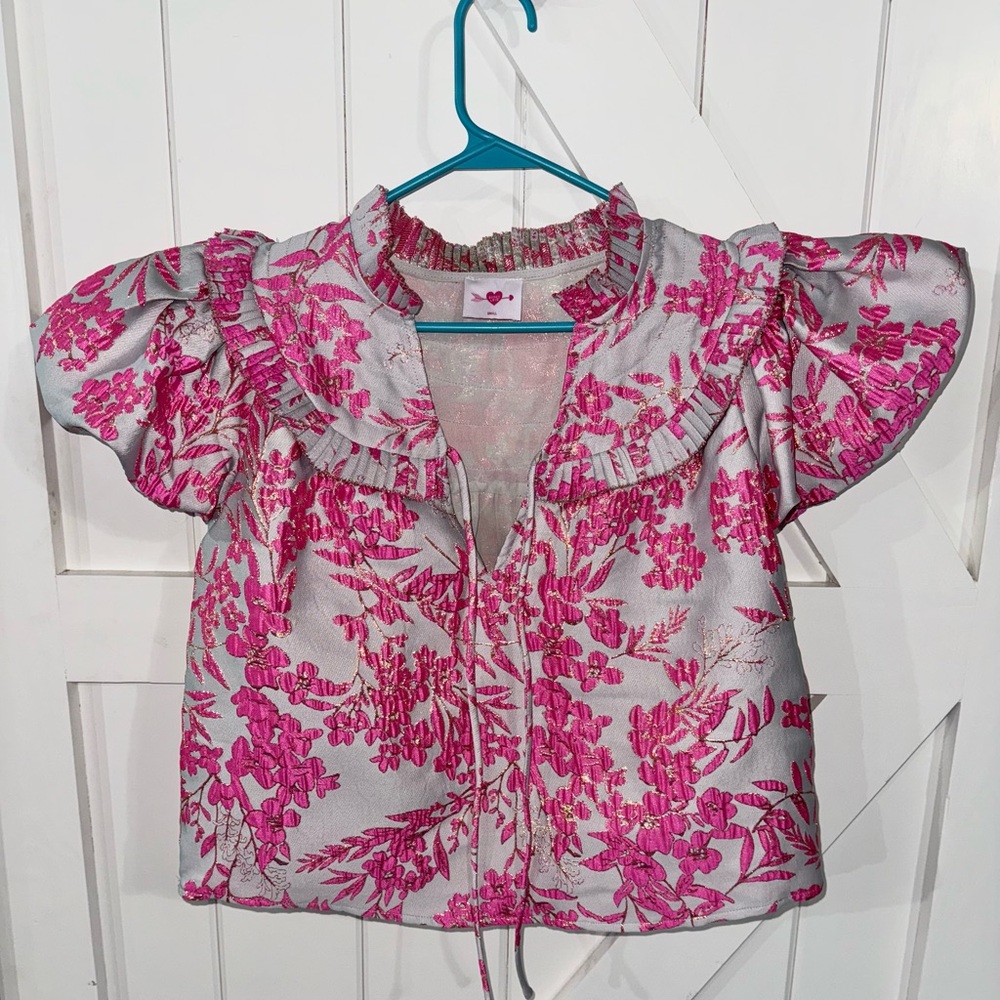 Pink and Silver Floral Blouse with‎ V-Neck and Ruffled Sleeves